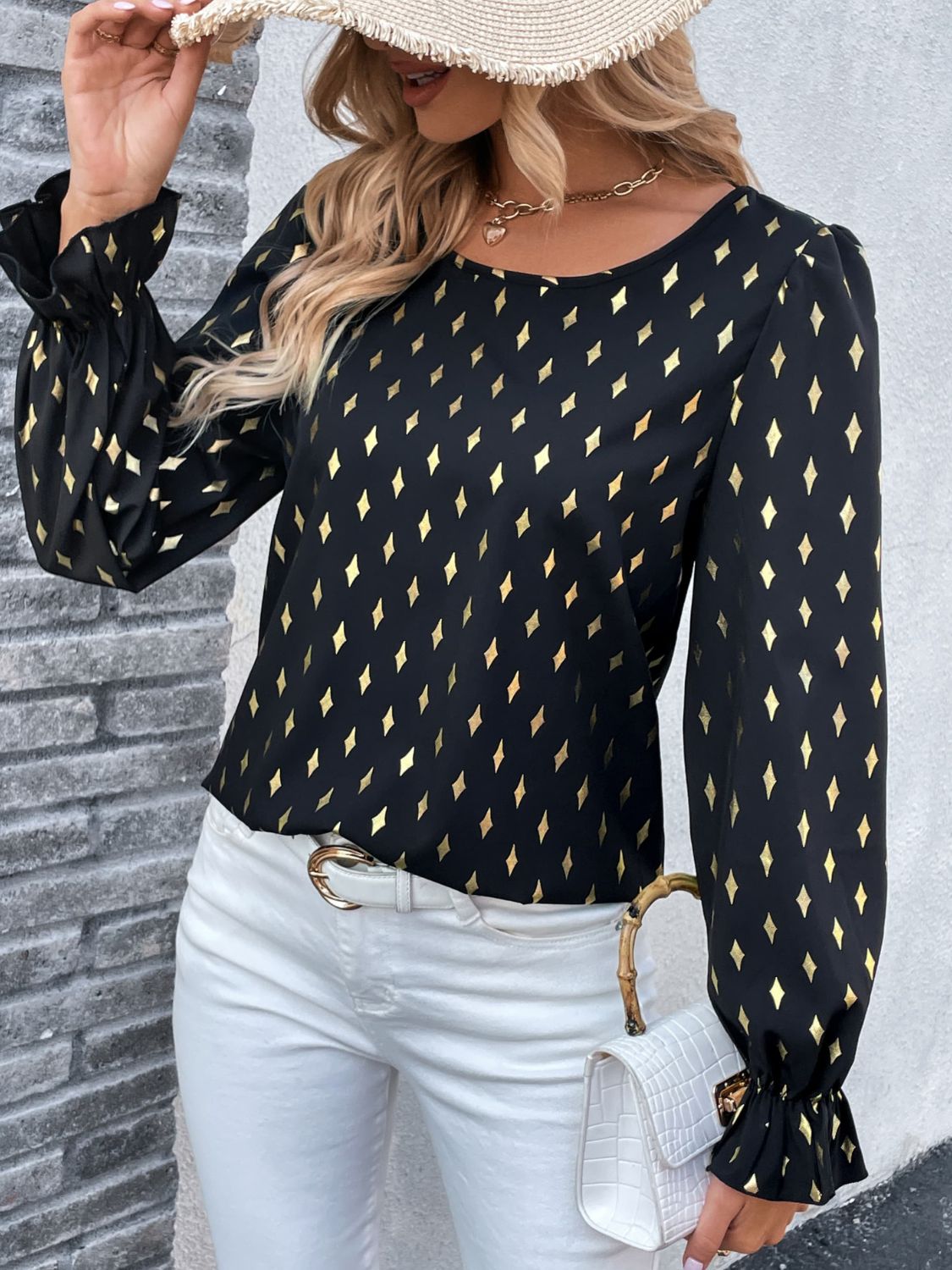 Perfee Printed Round Neck Flounce Sleeve Blouse - Classique Collection