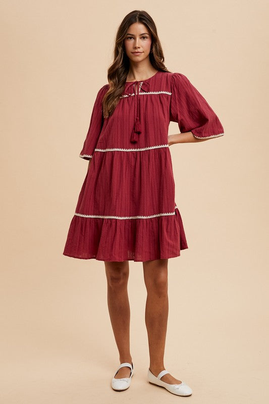 Annie Wear Tassel Contrast Trim Tie Neck Half Sleeve Tiered Dress - ClassiQ