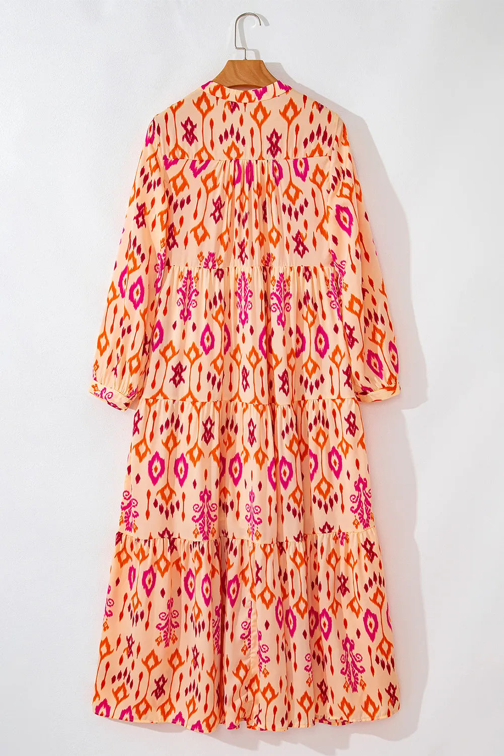 Tiered Printed Notched Long Sleeve Midi Dress - Classique Collection