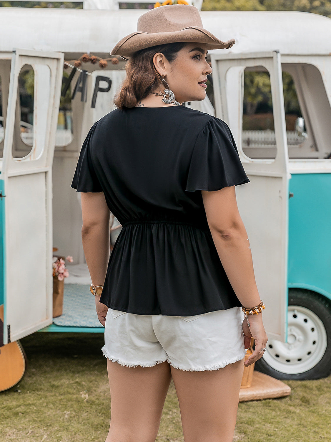 Plus Size V-Neck Flutter Sleeve Blouse - Classique Collection