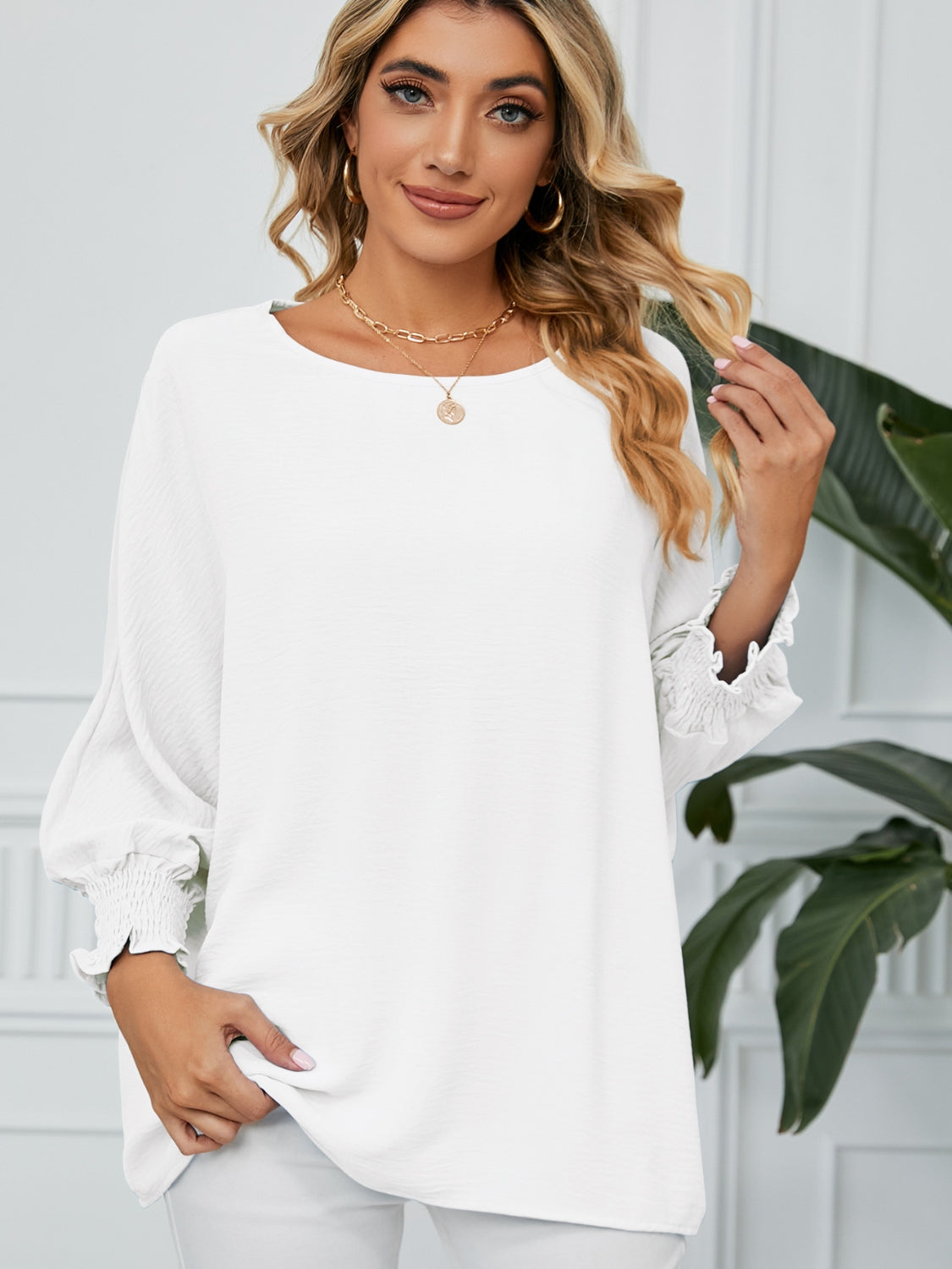 Smocked Lantern Sleeve Round Neck Blouse - Classique Collection