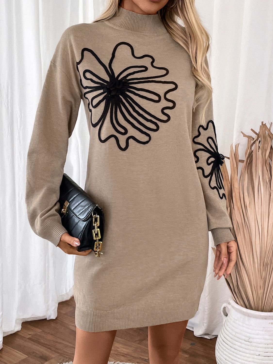 Perfee Flower Mock Neck Long Sleeve Sweater Dress - Classique Collection