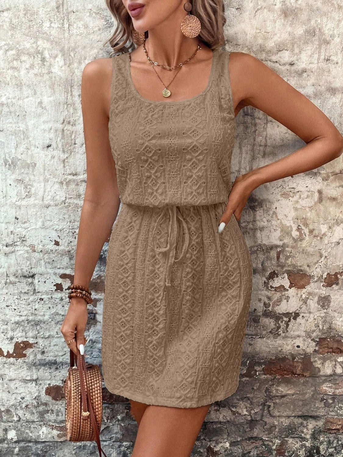 Eyelet Drawstring Round Neck Sleeveless Dress - Classique Collection