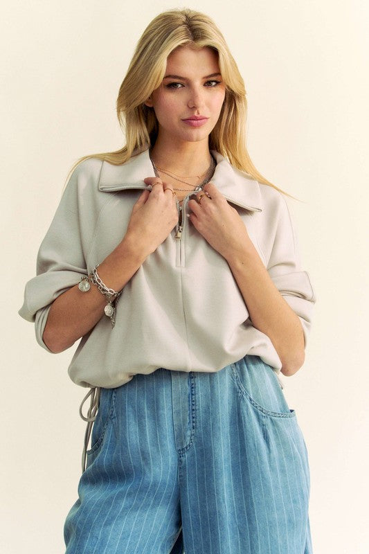 Davi & Dani Drawstring Hem Half Zip Raglan Sleeve Sweatshirt - Classique Collection