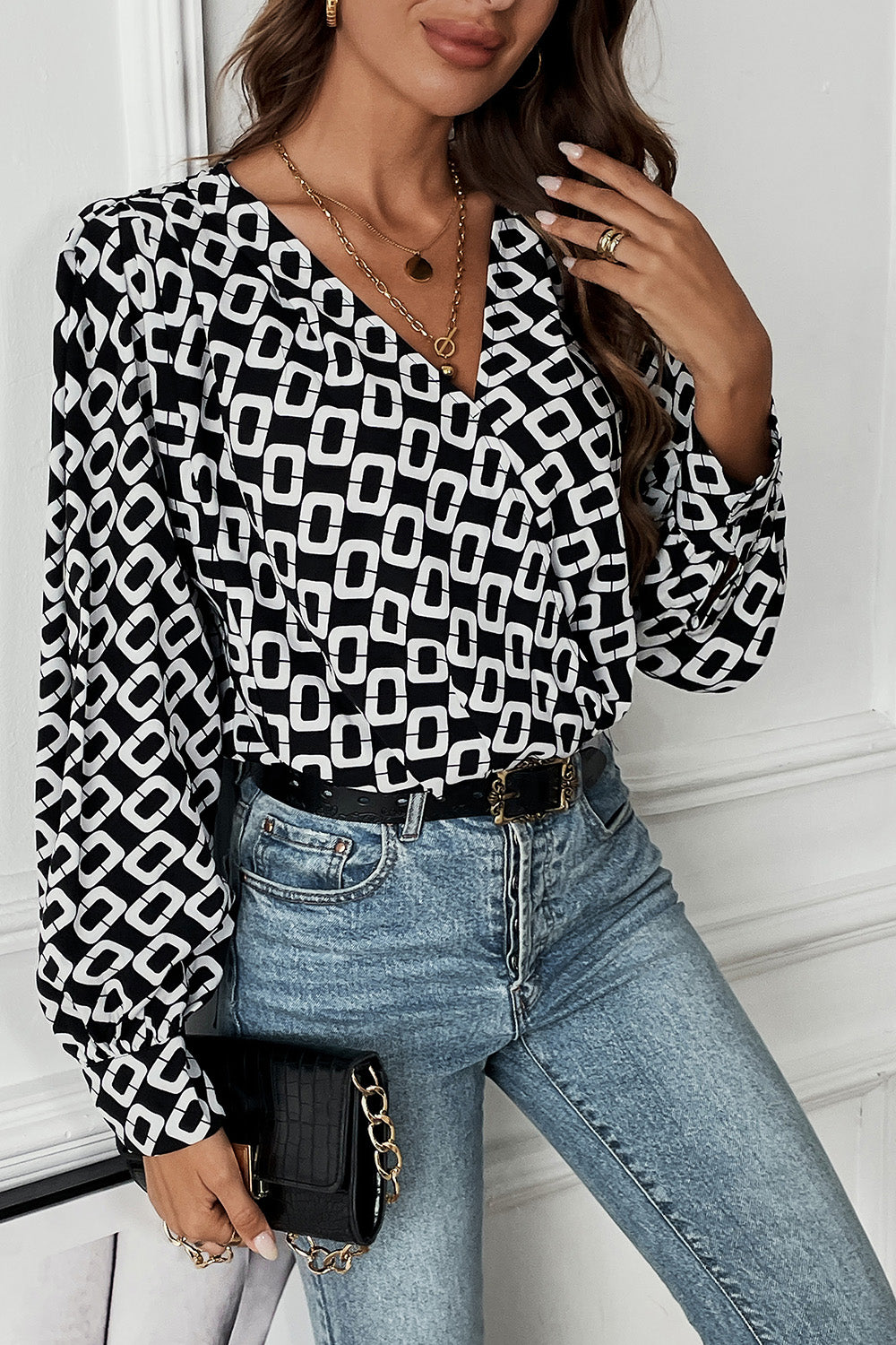 Perfee Geometric V-Neck Long Sleeve Blouse - Classique Collection