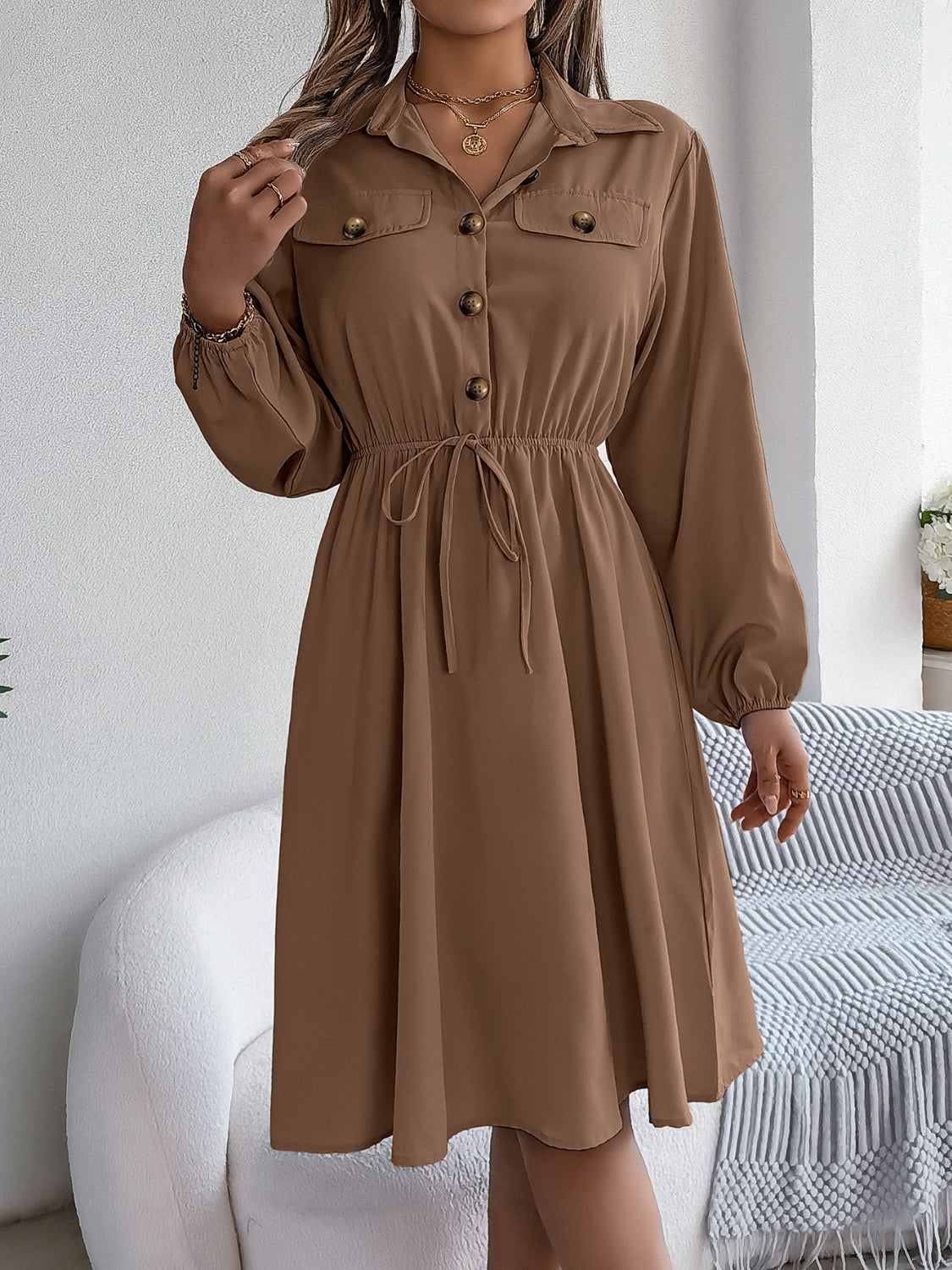 Collared Neck Long Sleeve Dress with Pockets - Classique Collection