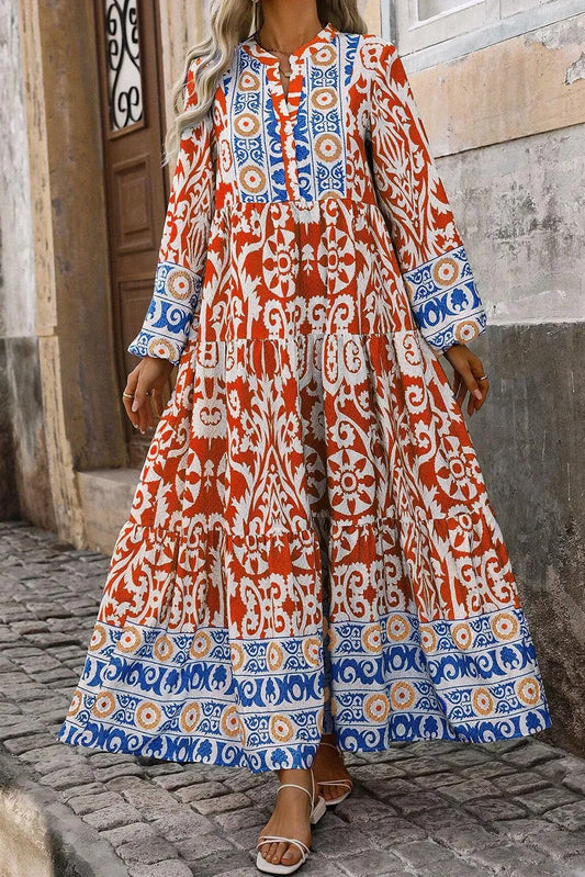 Printed Notched Long Sleeve Maxi Dress - Classique Collection