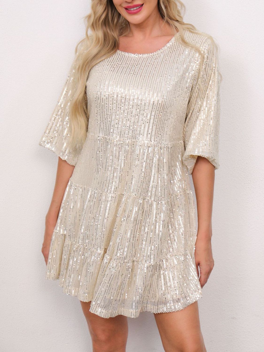 Sequin Round Neck Half Sleeve Mini Dress - Classique Collection
