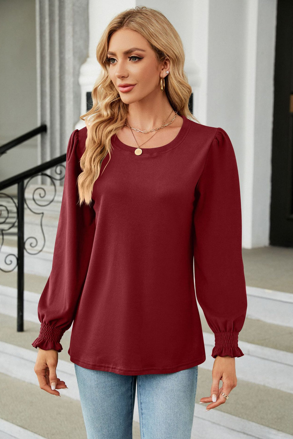 Round Neck Smocked Flounce Sleeve Blouse - Classique Collection