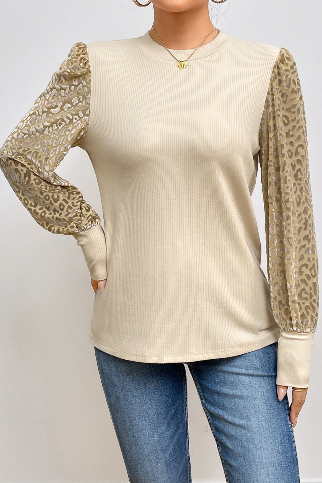 Leopard Print Long Sleeve Ribbed Knit Blouse - Classique Collection