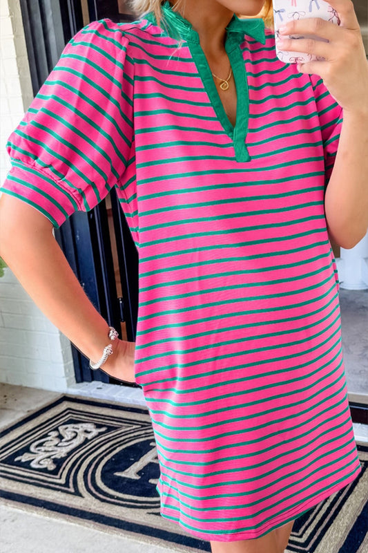 Oh Striped Johnny Collar Puff Sleeve Mini Tee Dress - Classique Collection