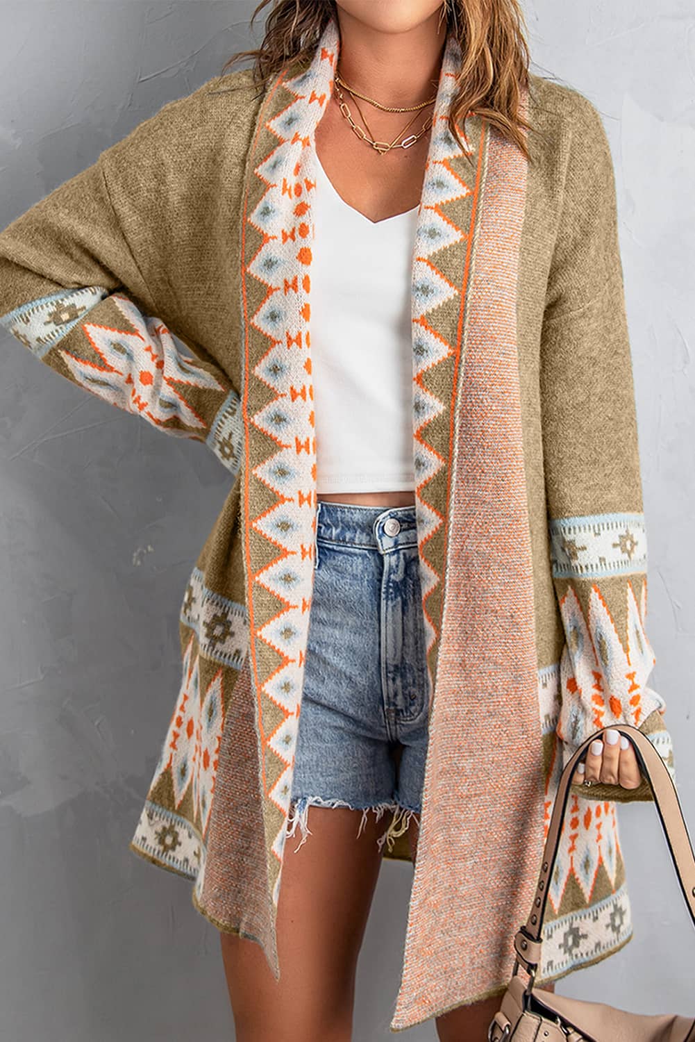 Geometric Open Front Long Sleeve Cardigan - ClassiQ