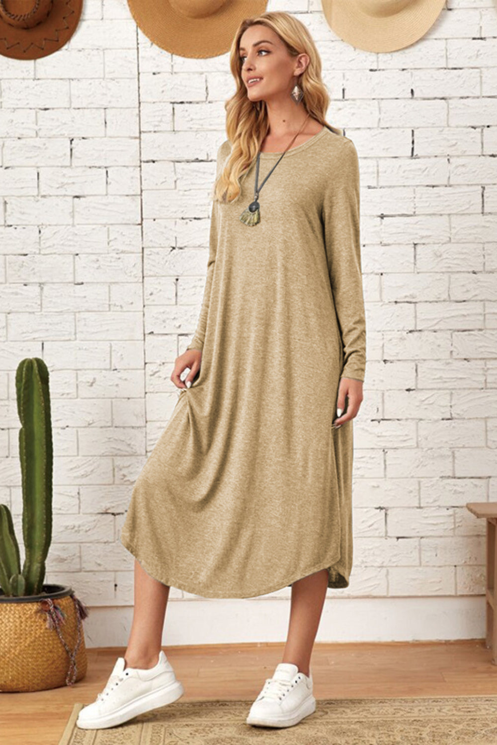 Pocketed Round Neck Long Sleeve Tee Dress - Classique Collection