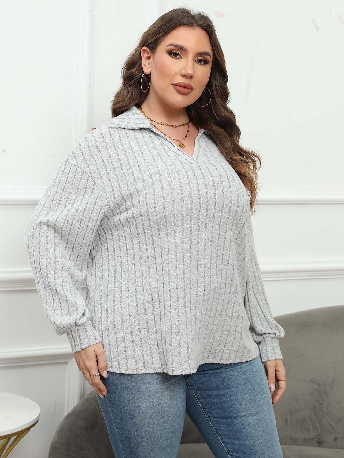 Plus Size Ribbed Collared Neck Long Sleeve Blouse - Classique Collection