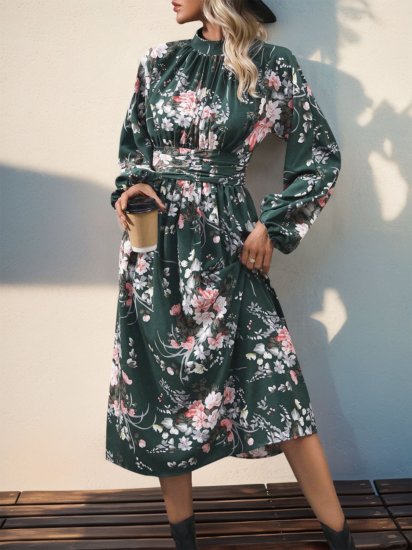 Perfee Ruched Printed Mock Neck Long Sleeve Midi Dress - Classique Collection