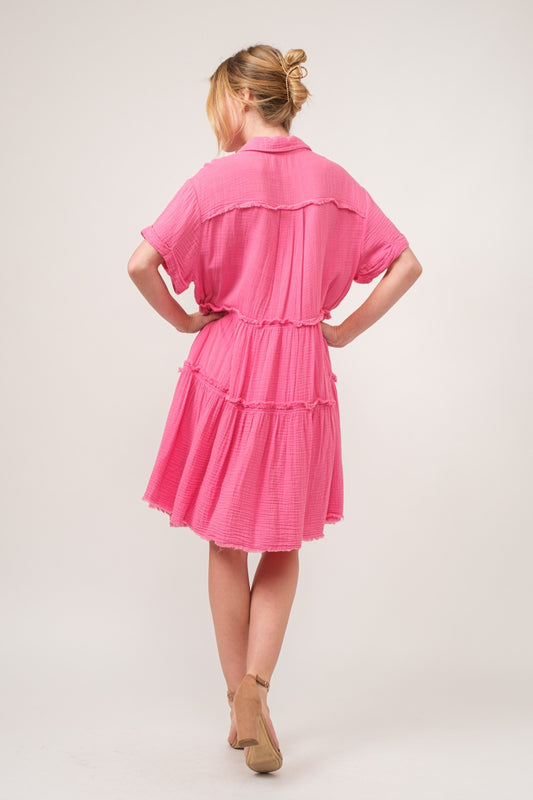 And The Why Full Size Raw Edge Washed Tiered Shirt Dress - Classique Collection