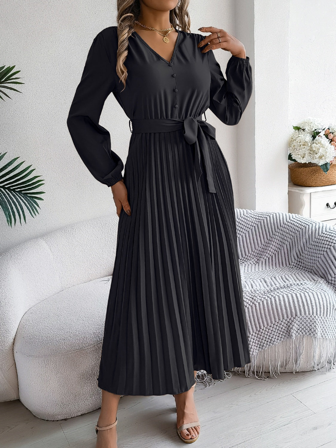 Pleated Tied V-Neck Long Sleeve Dress - Classique Collection