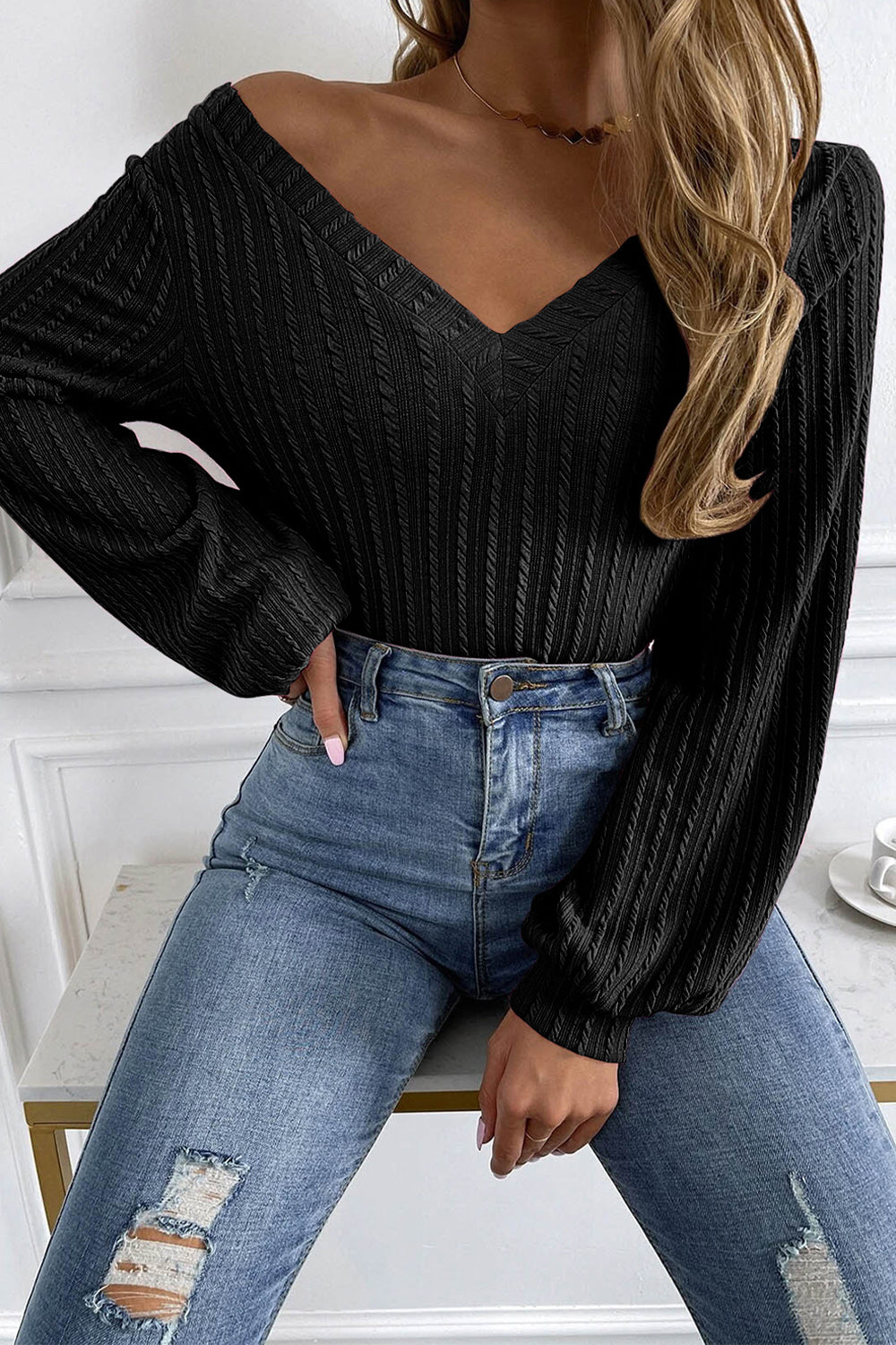 V-Neck Long Sleeve Knit Top - Classique Collection