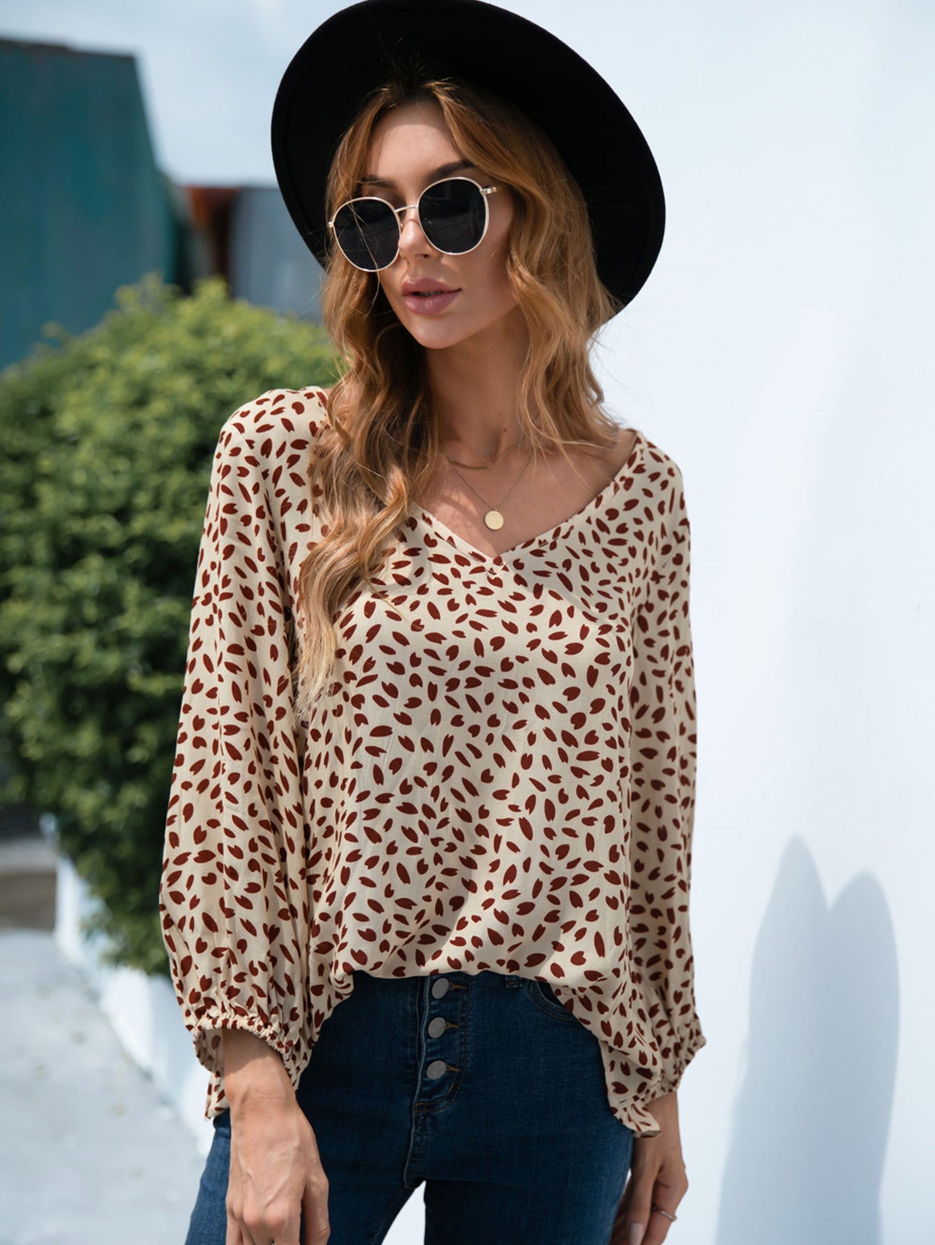 Printed V-Neck Balloon Sleeve Blouse - ClassiQ