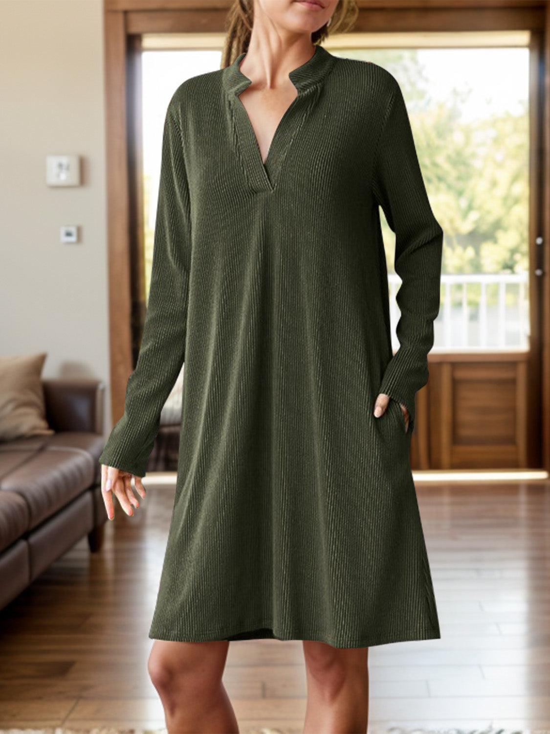 Notched Long Sleeve Mini Dress with Pockets - Classique Collection