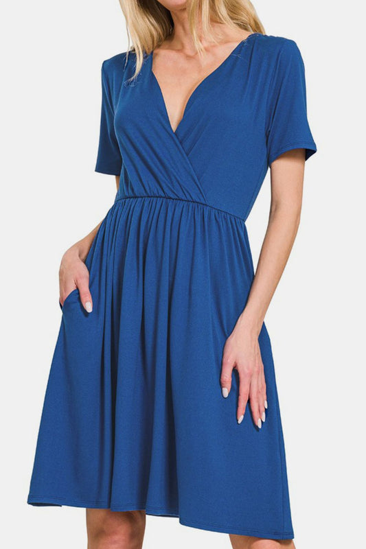 Zenana Surplice Short Sleeve Brushed DTY Dress - Classique Collection