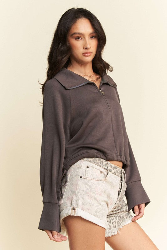 Davi & Dani Drawstring Hem Half Zip Raglan Sleeve Sweatshirt - Classique Collection