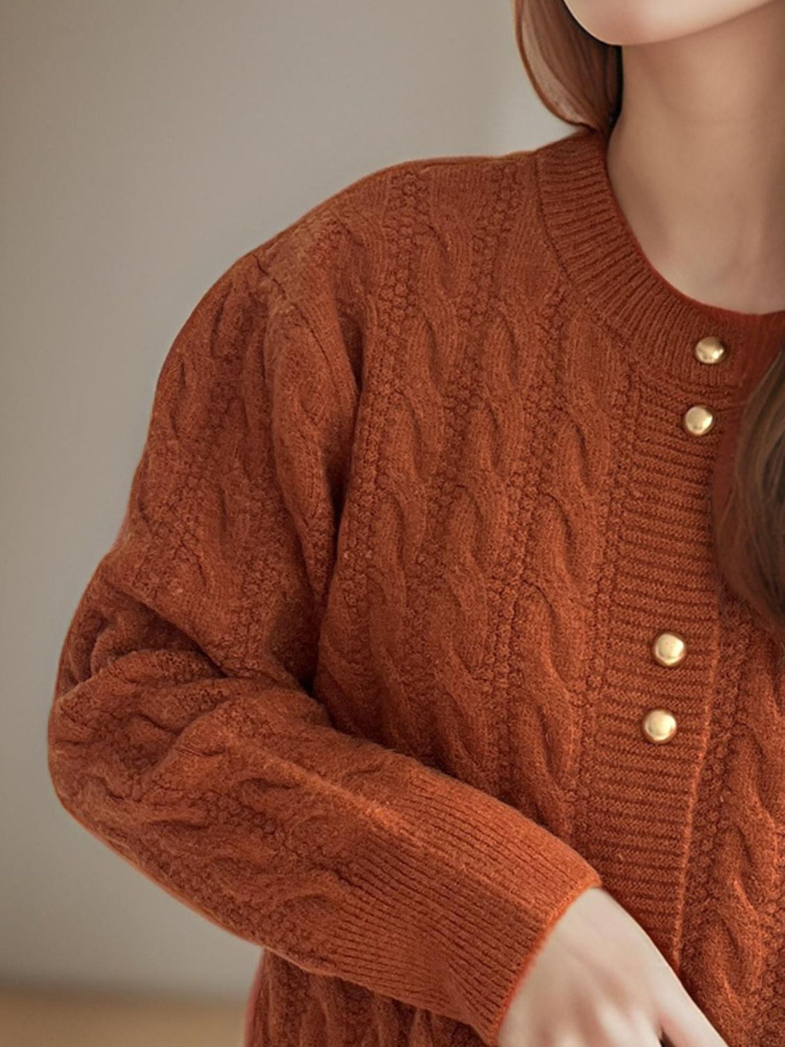 Cable-Knit Round Neck Long Sleeve Cardigan - ClassiQ