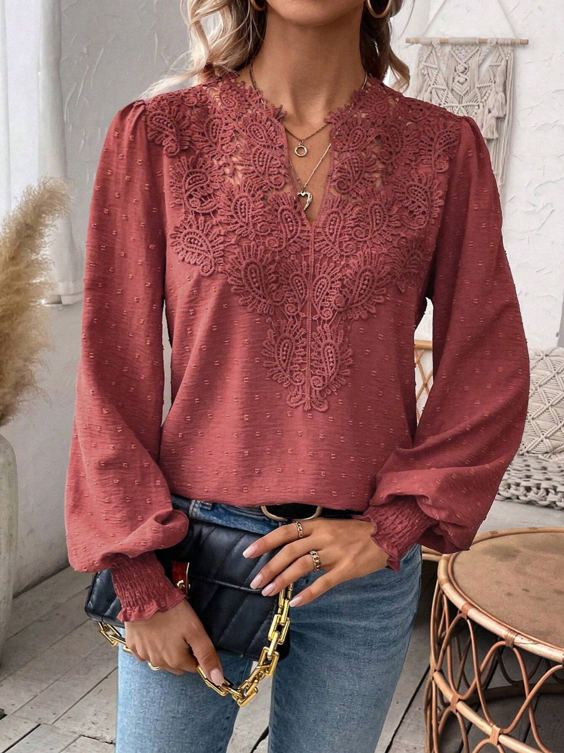 Swiss Dot Lace Detail Notched Long Sleeve Blouse - Classique Collection