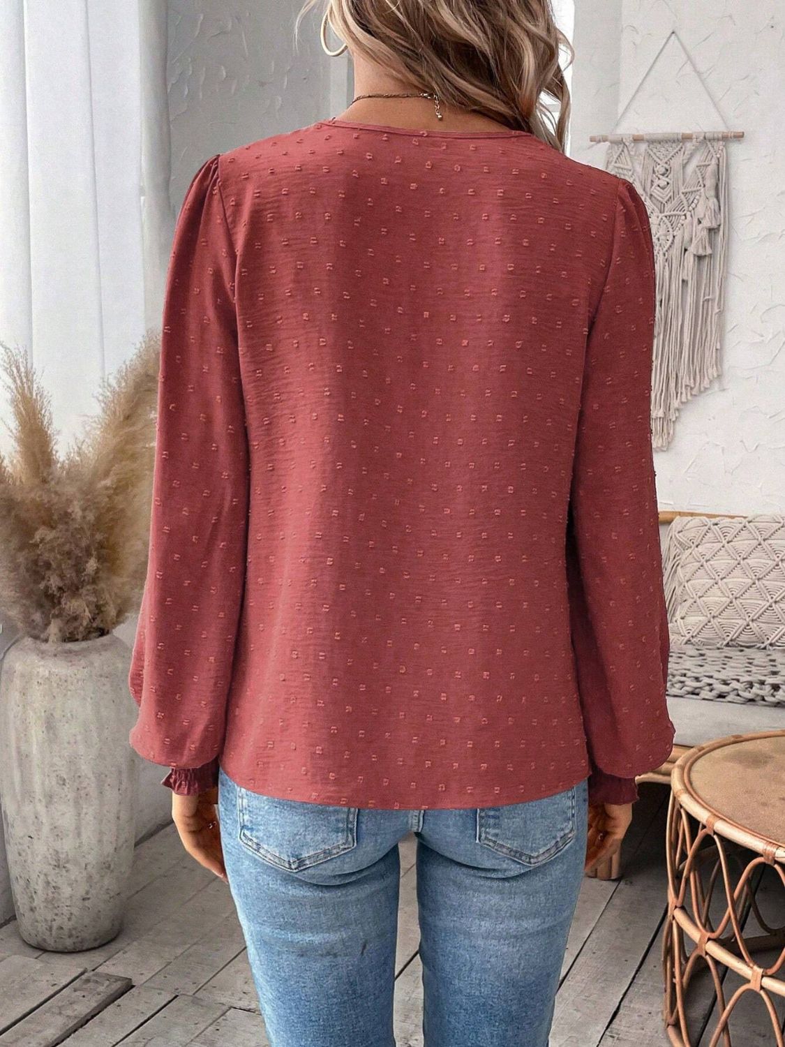 Swiss Dot Lace Detail Notched Long Sleeve Blouse - Classique Collection