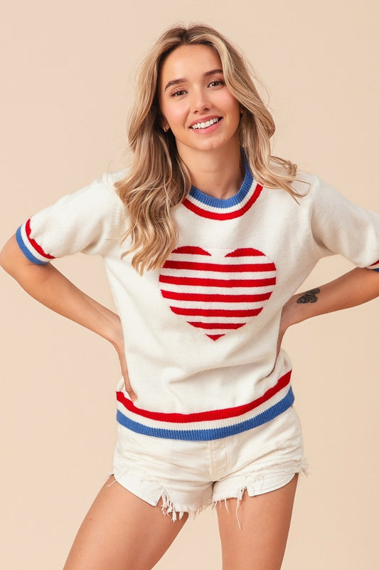 BiBi US Flag Theme Striped Heart Sweater - ClassiQ