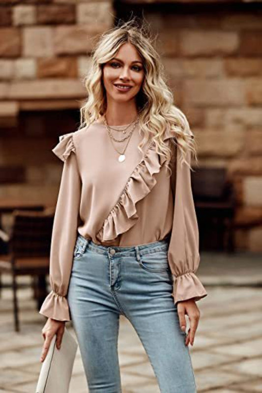 Ruffled Round Neck Long Sleeve Top - Classique Collection
