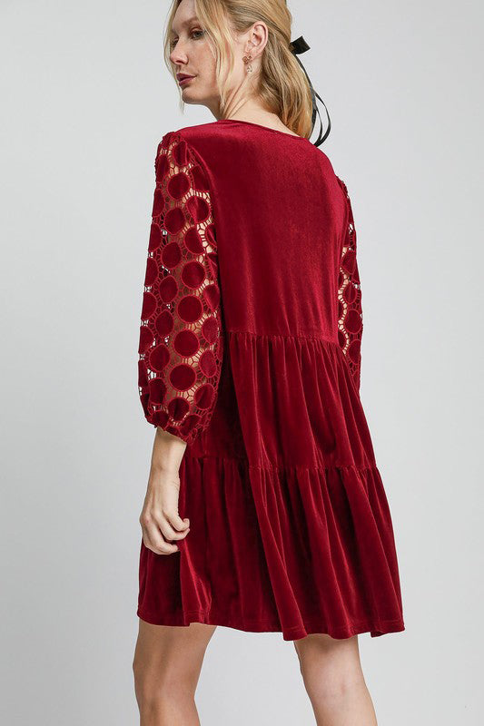 Umgee Dotted Lace Sleeve Tiered Velvet Mini Dress - Classique Collection