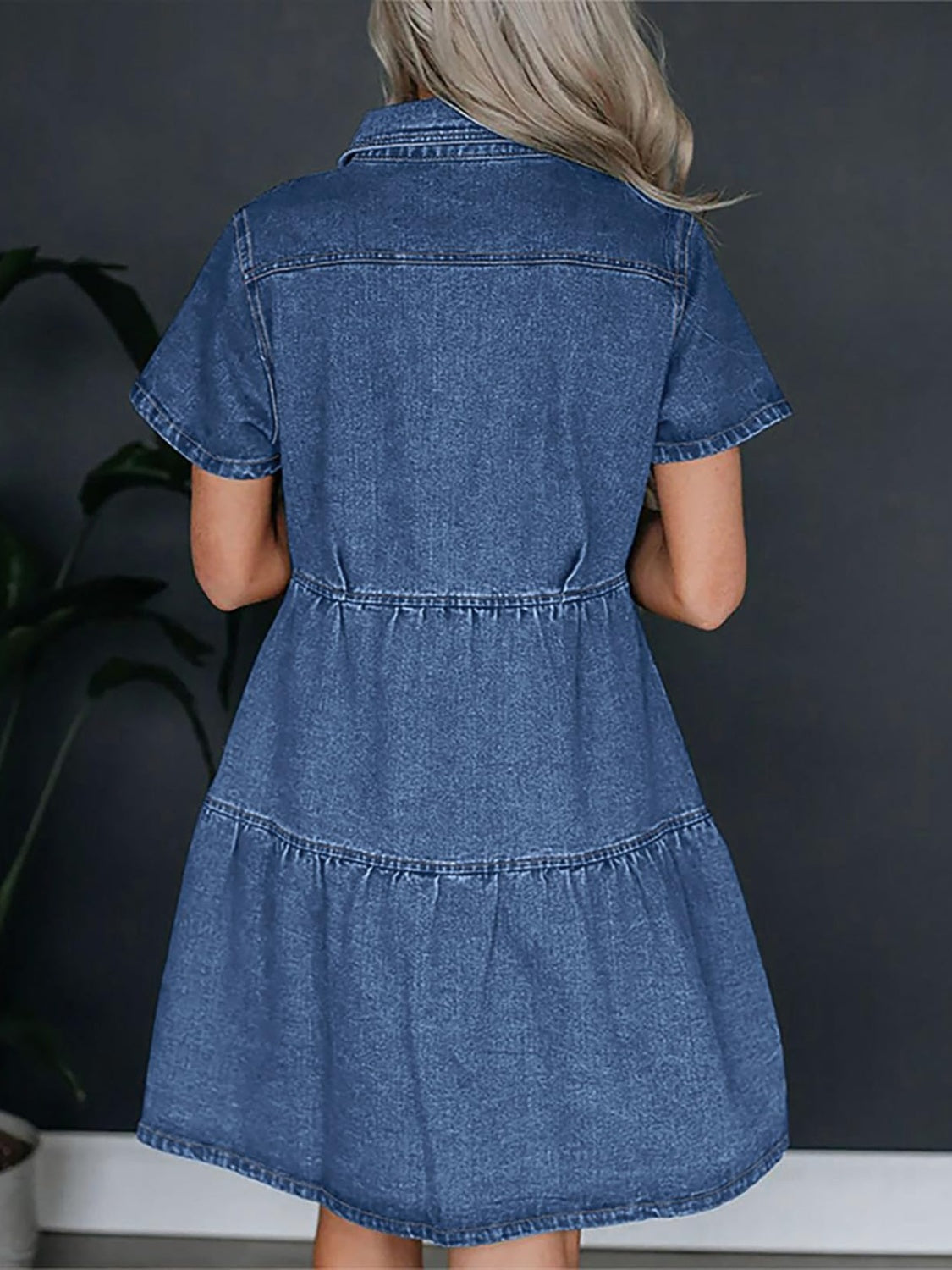 Pocketed Button Up Collared Neck Short Sleeve Denim Dress - Classique Collection