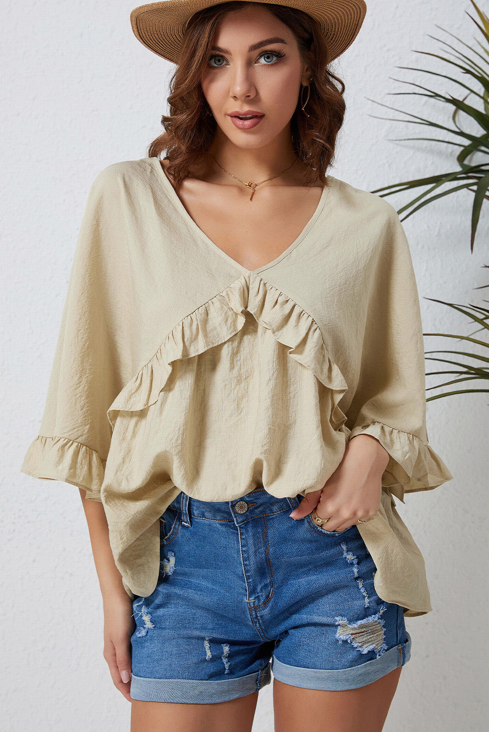 Ruffled V-Neck Half Sleeve Blouse - Classique Collection