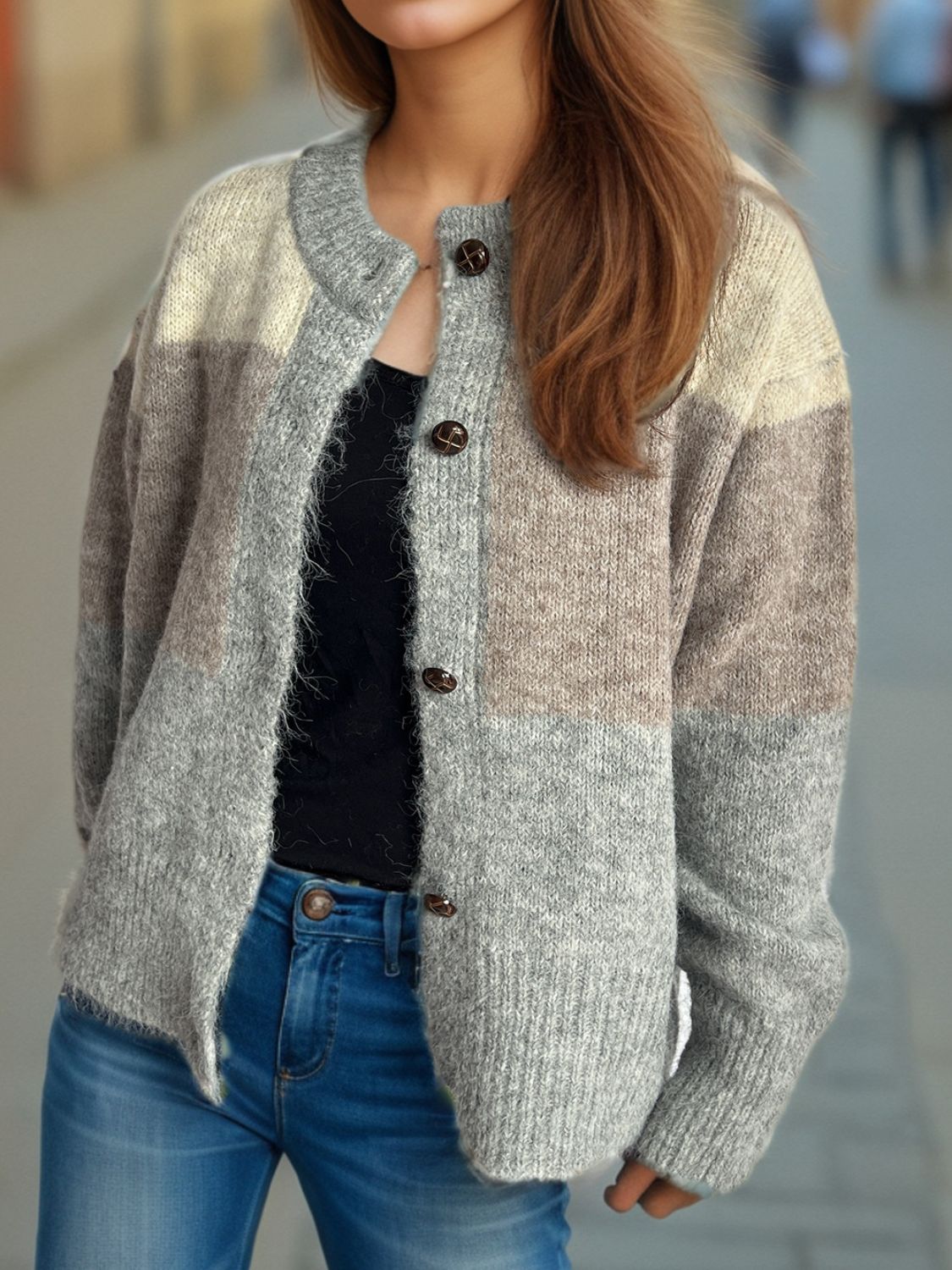 Color Block Round Neck Button Up Cardigan - ClassiQ