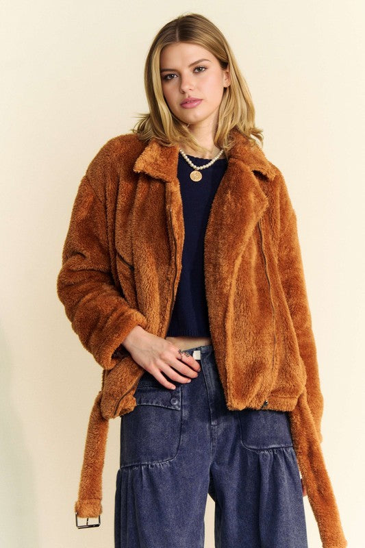 Davi & Dani Fuzzy Zip Up Collared Neck Jacket - Classique Collection