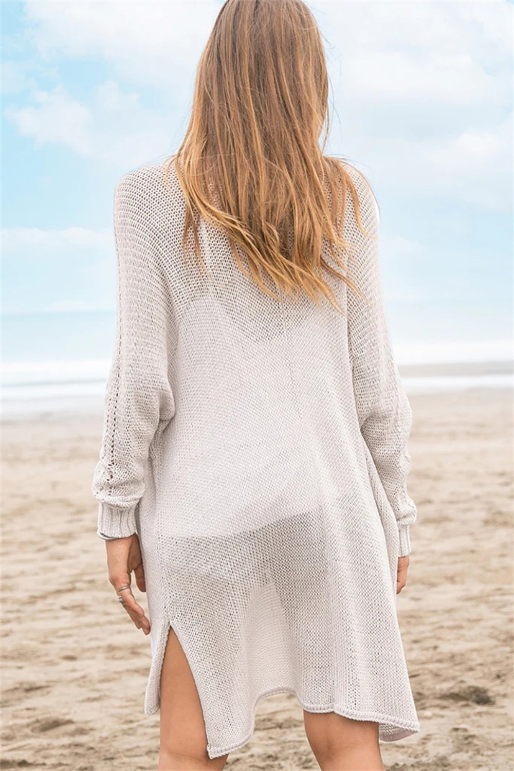 Openwork Side Slit Open Front Long Sleeve Cardigan - Classique Collection