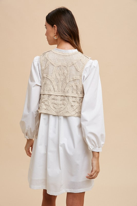 Annie Wear Crochet Vest Notched Long Sleeve Shirt Dress - ClassiQ
