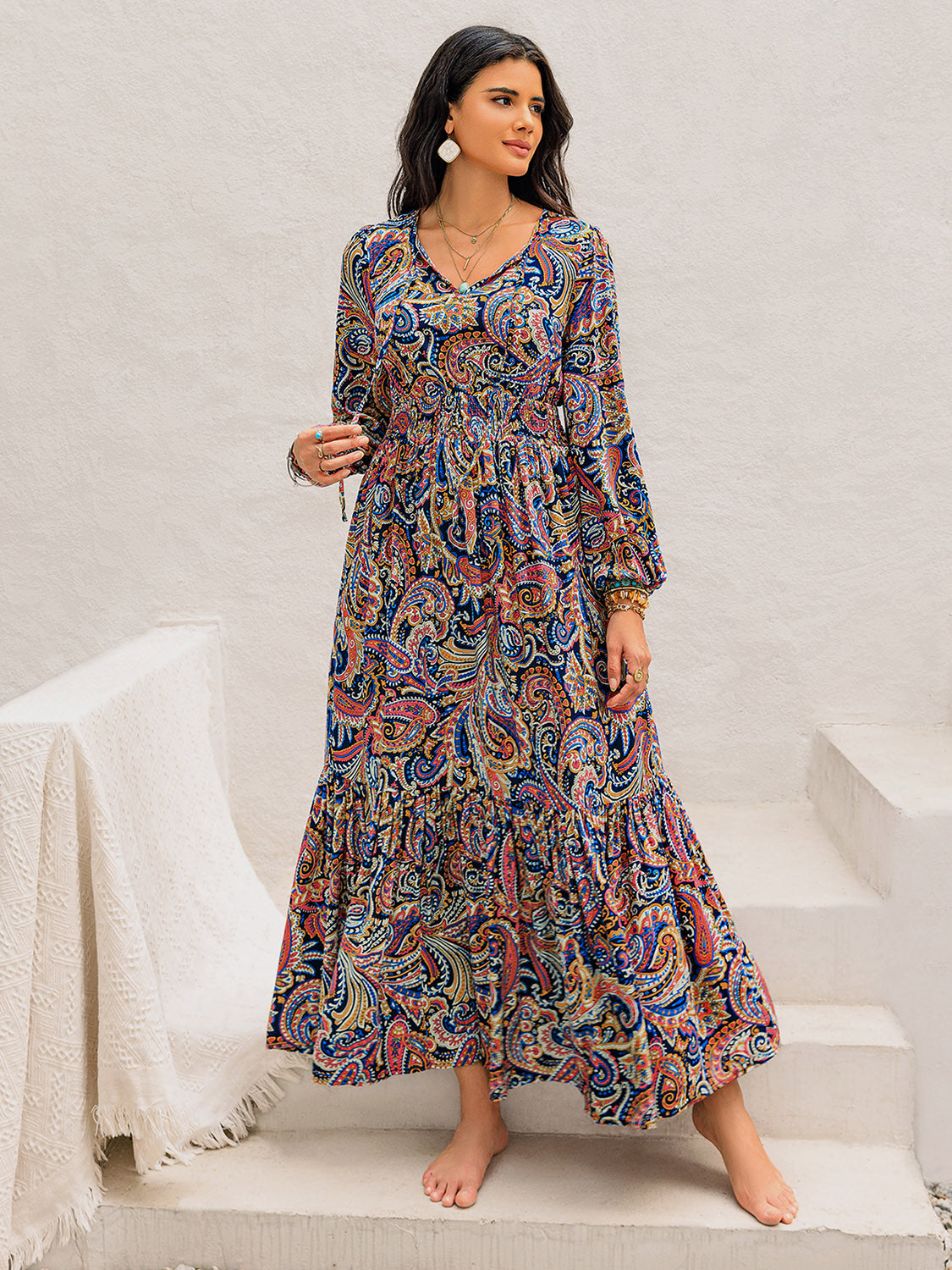 Printed Tie Neck Long Sleeve Midi Dress - Classique Collection