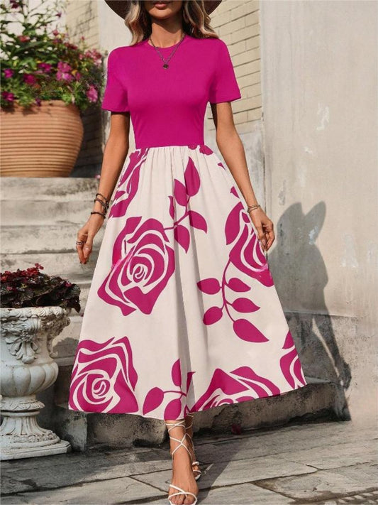 Rose Printed Round Neck Short Sleeve Dress - Classique Collection