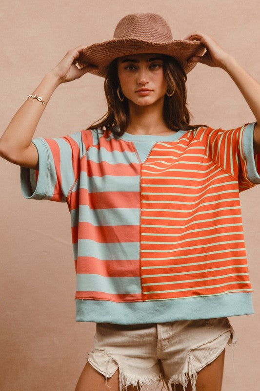 BiBi Striped Round Neck Half Sleeve French Terry Top - ClassiQ