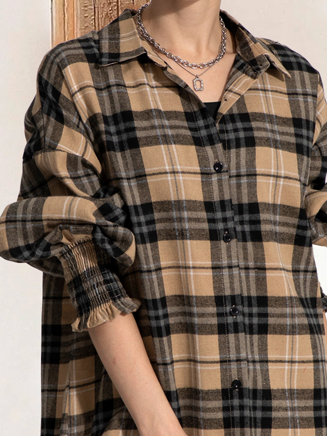 FAM-FAM Button Up Plaid Long Sleeve Shirt Dress - Classique Collection
