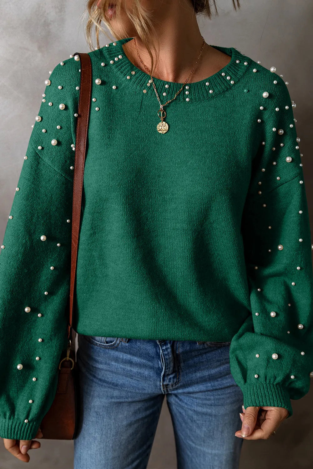 Pearl Detail Round Neck Long Sleeve Sweater - ClassiQ