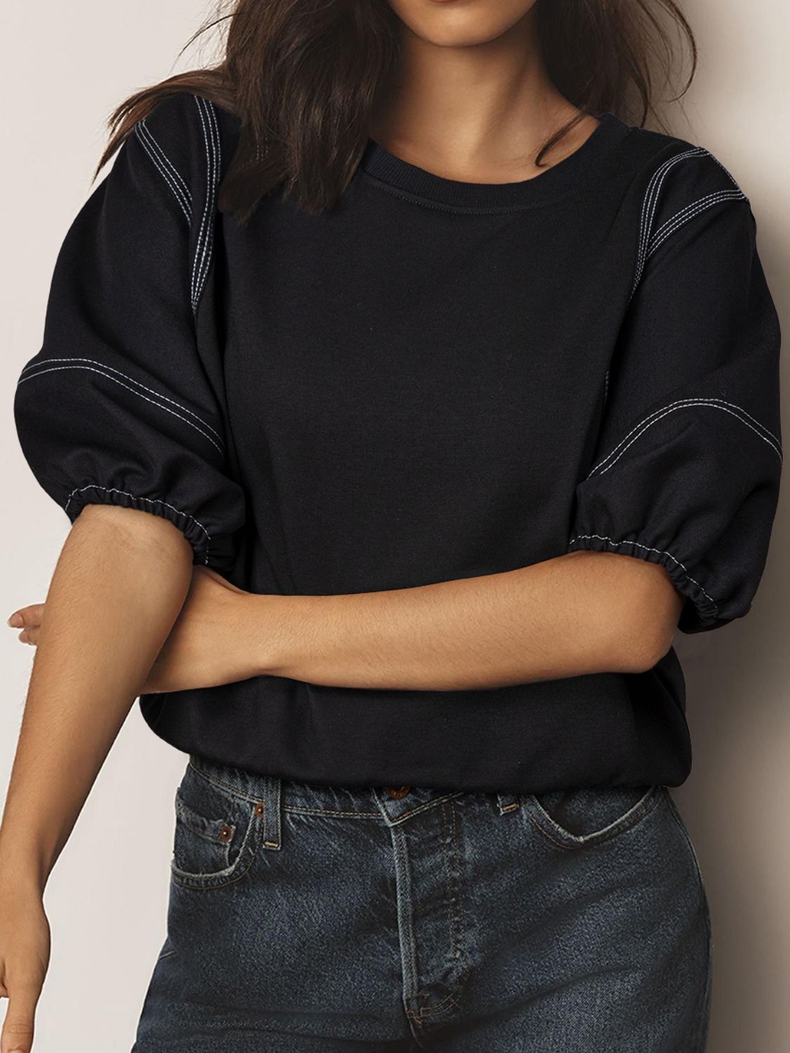 Contrast Stitches Detail Half Sleeve Blouse - ClassiQ
