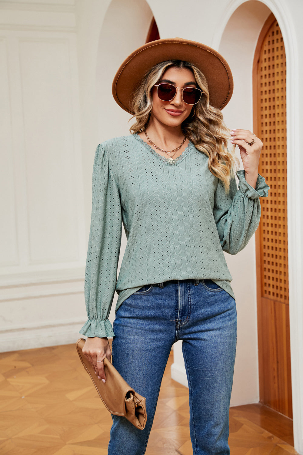 V-Neck Flounce Sleeve Blouse - Classique Collection