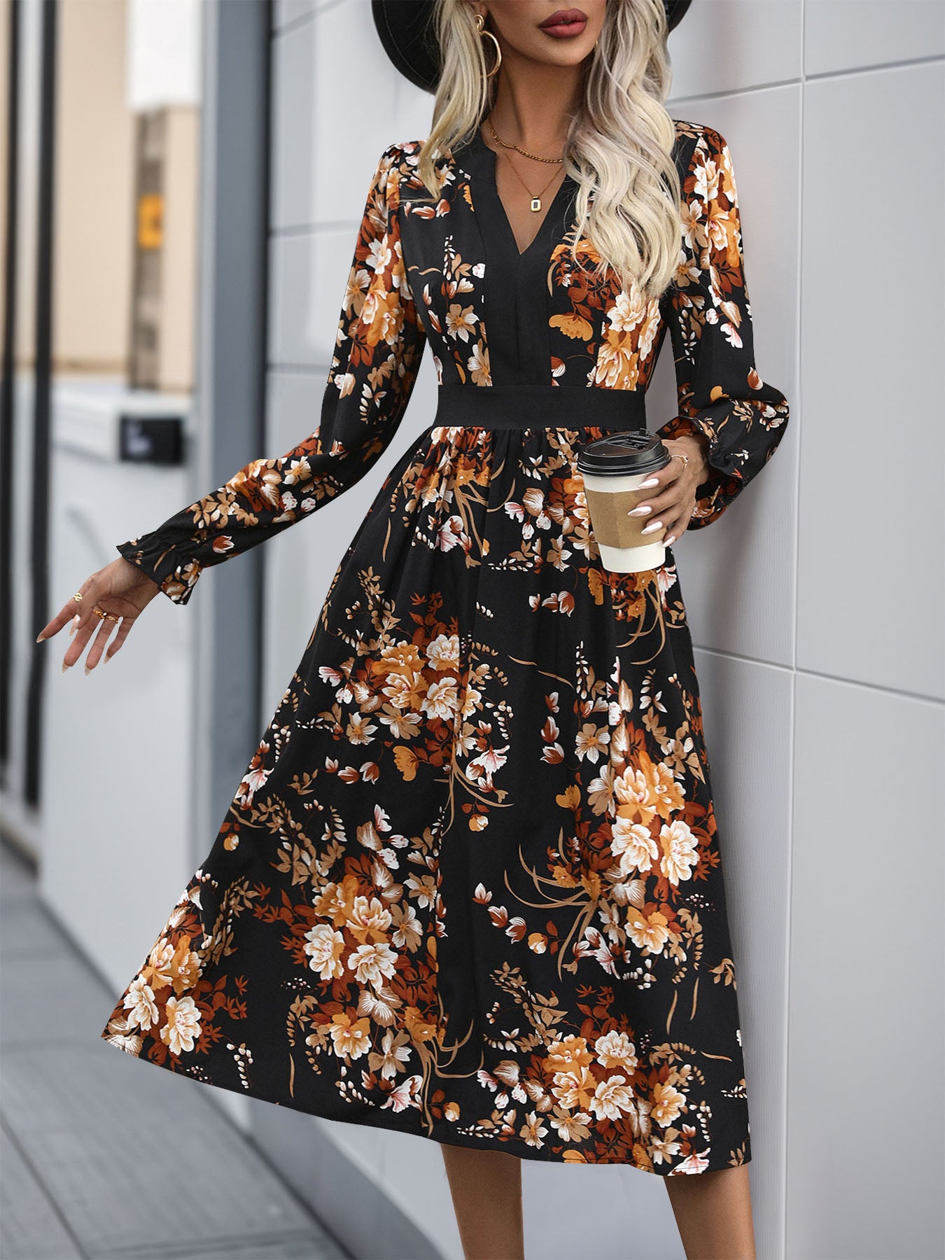 Perfee Printed Notched Long Sleeve Midi Dress - Classique Collection