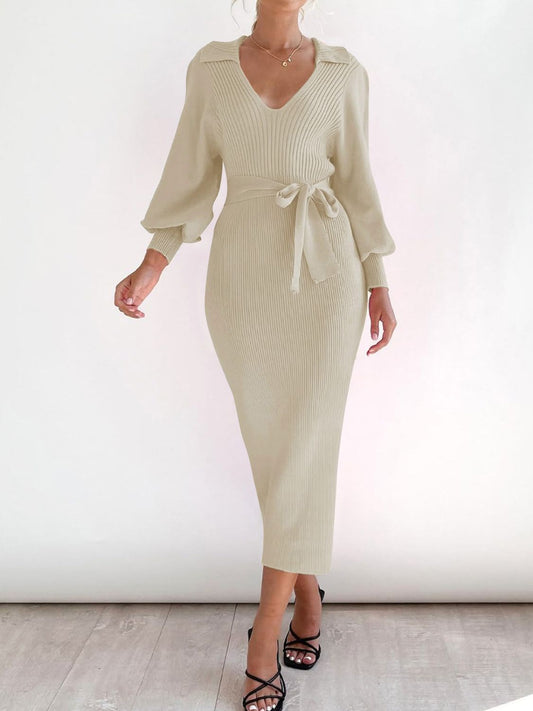 Perfee Tied Long Sleeve Wrap Sweater Dress - Classique Collection