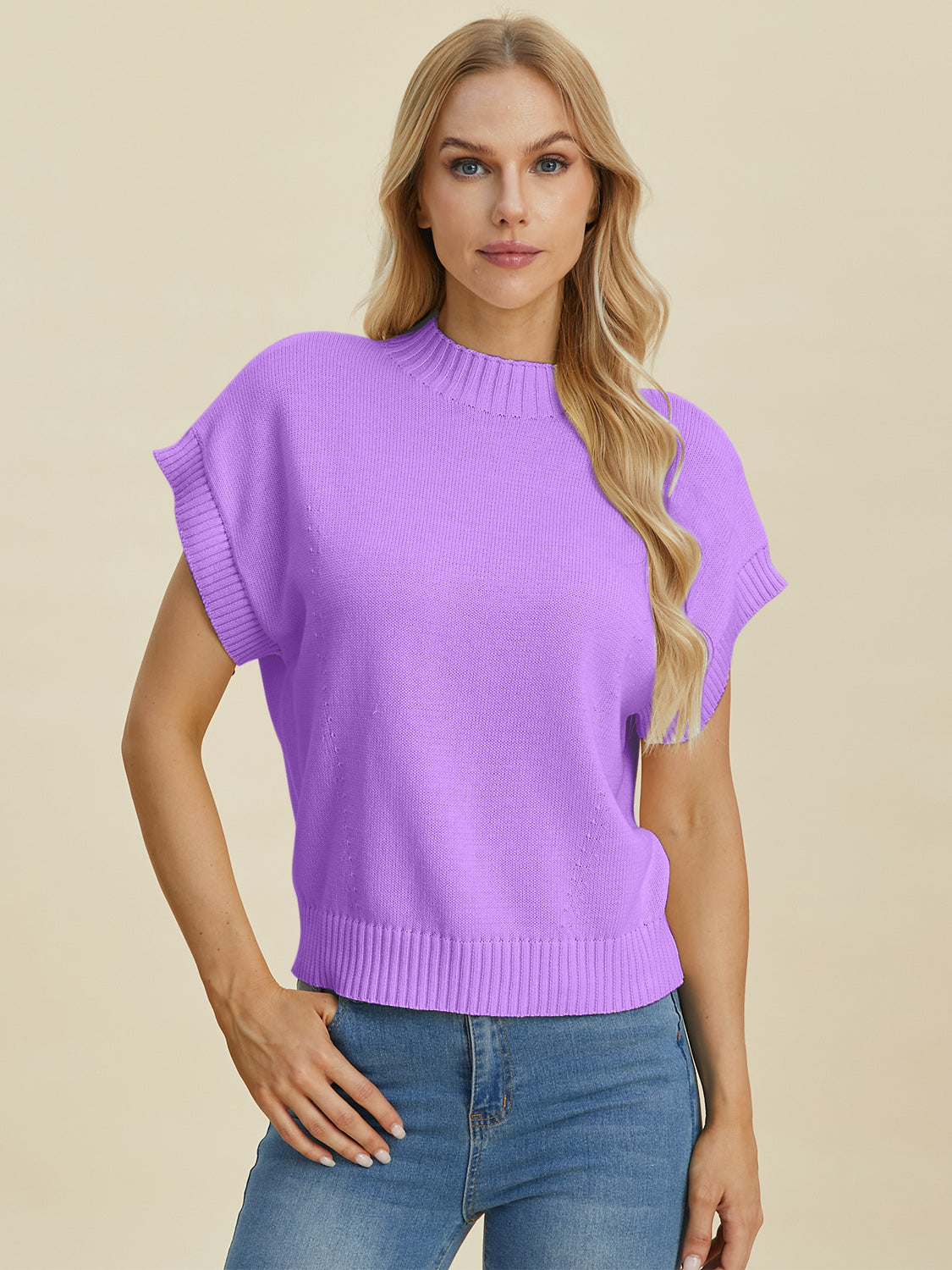 Double Take Full Size Mock Neck Short Sleeve Sweater - ClassiQ