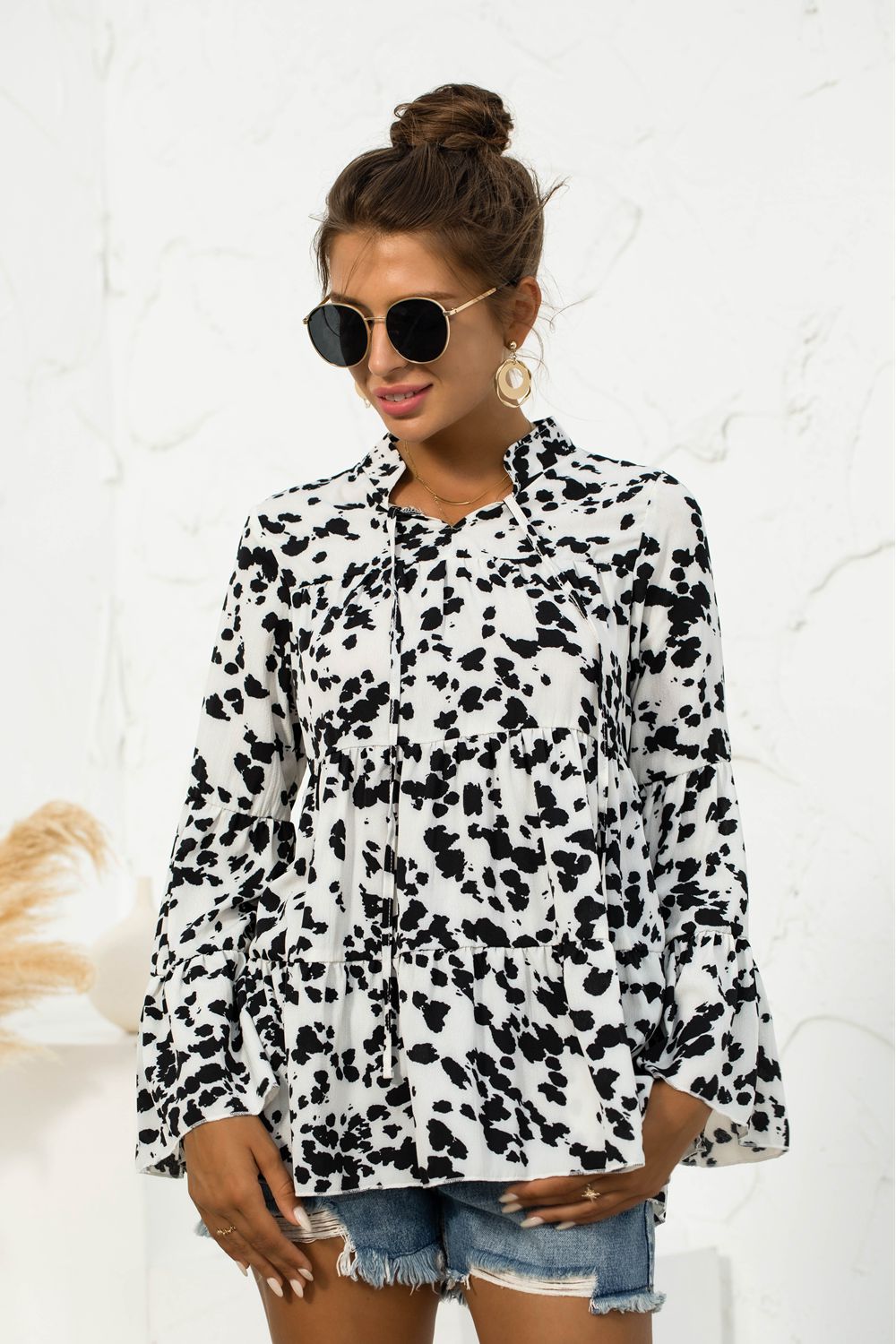 Printed Flare Sleeve Tie Neck Ruffle Trim Blouse - Classique Collection