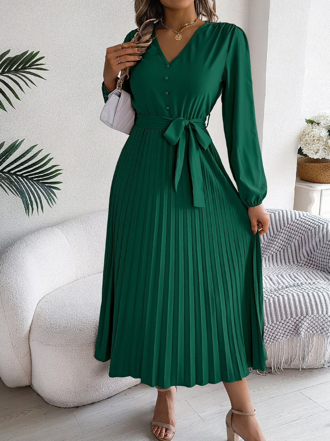 Pleated Tied V-Neck Long Sleeve Dress - Classique Collection